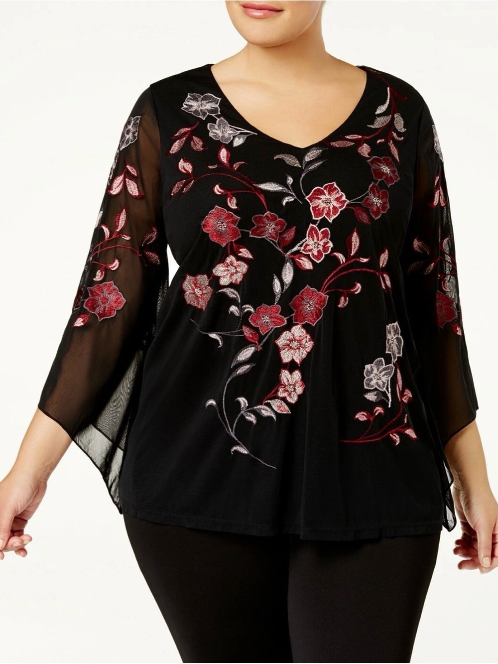 Alfani Womens Black Floral Embroidered Angel Sleeve Blouse Top Size X-Large